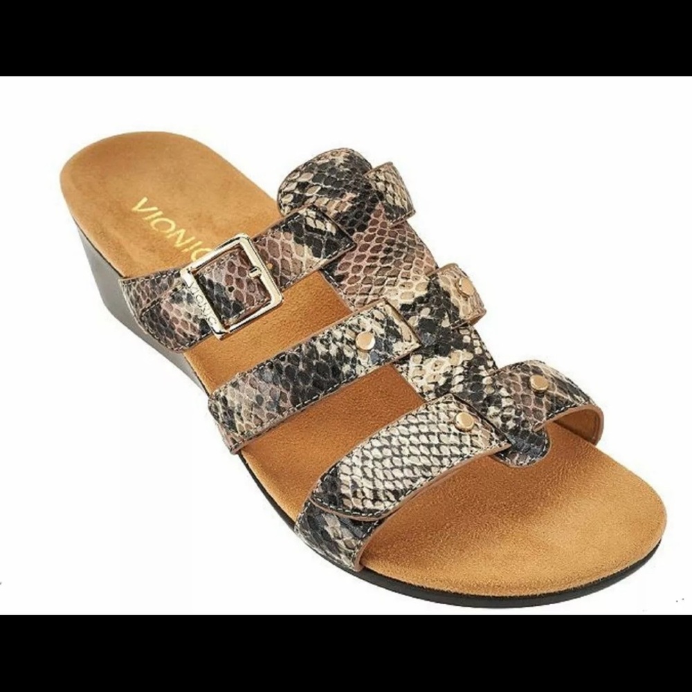 Vionic Orthotic Adjustable Triple Strap Slide Wedges - Radia Snake‎ - Picture 2 of 11